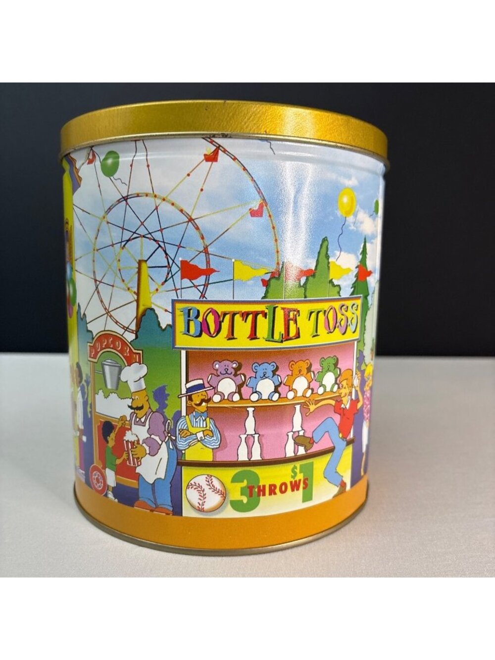 Vintage Colorful Carnival Themed Tin Gold Lid Fun House Carousel Tin Storage
